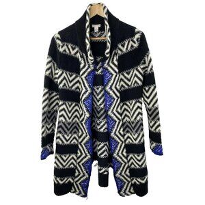Chicos Cardigan Sweater Size Medium Black Blue Chevron Geometric Knit Long